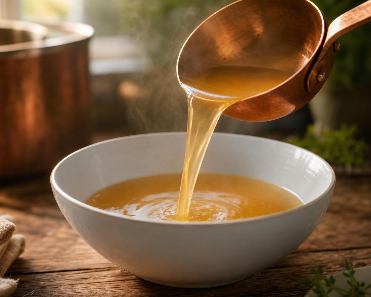 Caldo dourado sendo servido com concha de cobre